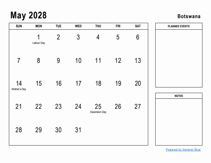 May 2028 Printable Monthly Calendar with Botswana Holidays