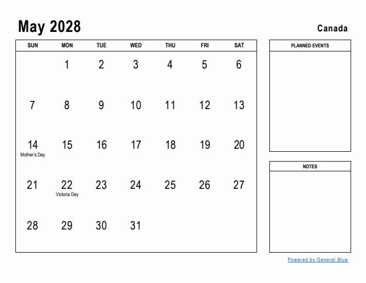 May 2028 Printable Monthly Calendar with Canada Holidays