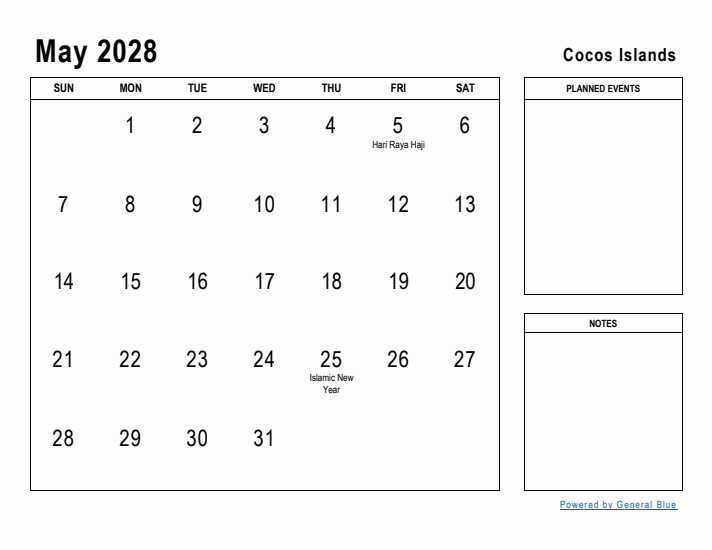 May 2028 Printable Monthly Calendar with Cocos Islands Holidays