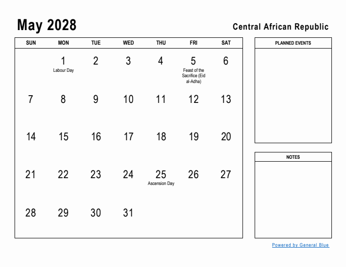 May 2028 Printable Monthly Calendar with Central African Republic Holidays