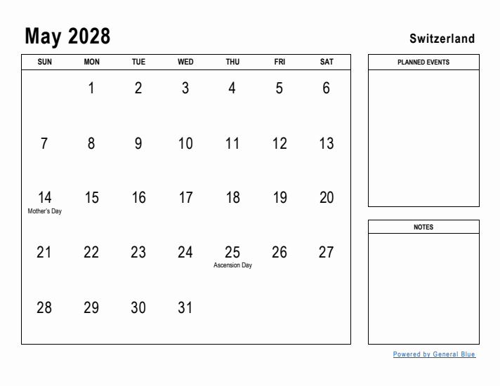 May 2028 Printable Monthly Calendar with Switzerland Holidays