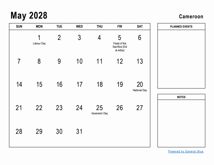 May 2028 Printable Monthly Calendar with Cameroon Holidays