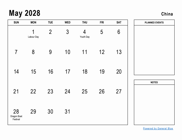 May 2028 Printable Monthly Calendar with China Holidays