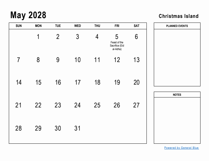 May 2028 Printable Monthly Calendar with Christmas Island Holidays