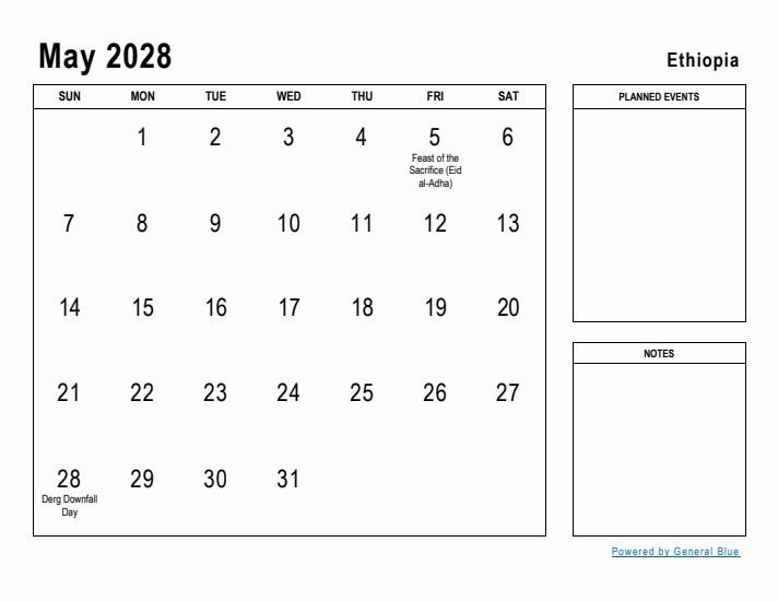 May 2028 Printable Monthly Calendar with Ethiopia Holidays