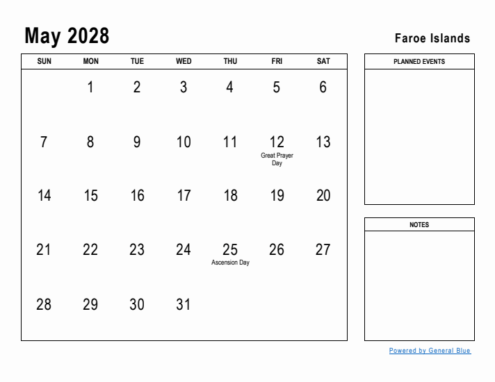 May 2028 Printable Monthly Calendar with Faroe Islands Holidays