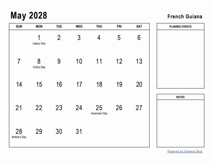 May 2028 Printable Monthly Calendar with French Guiana Holidays