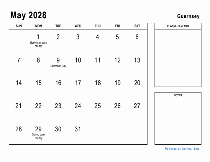 May 2028 Printable Monthly Calendar with Guernsey Holidays