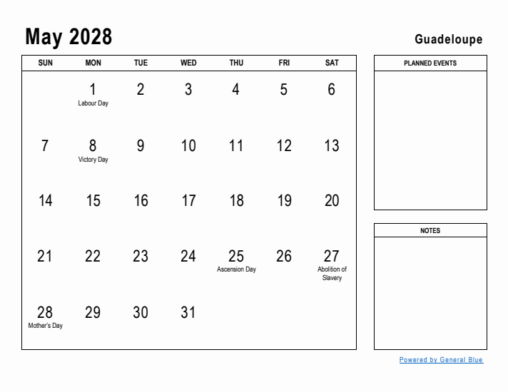 May 2028 Printable Monthly Calendar with Guadeloupe Holidays