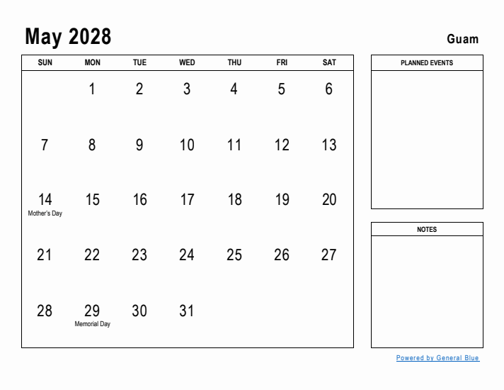 May 2028 Printable Monthly Calendar with Guam Holidays