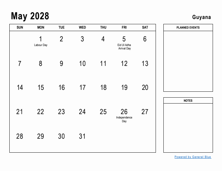 May 2028 Printable Monthly Calendar with Guyana Holidays