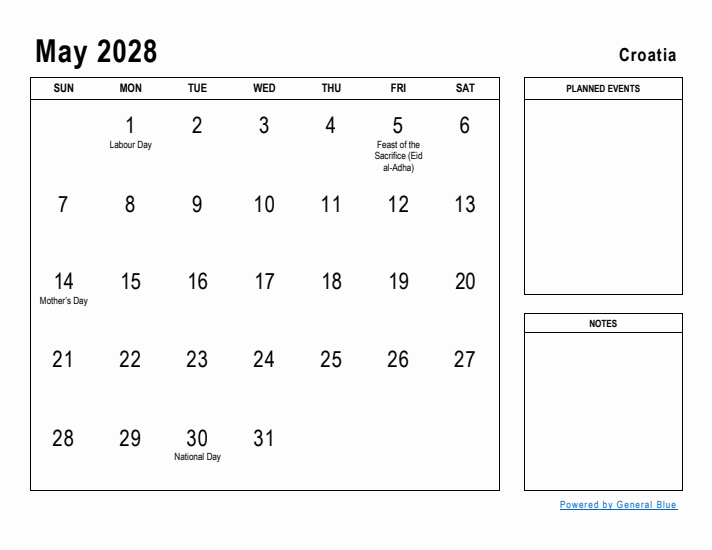 May 2028 Printable Monthly Calendar with Croatia Holidays