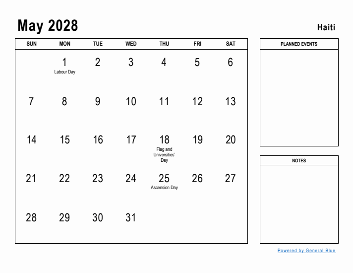 May 2028 Printable Monthly Calendar with Haiti Holidays