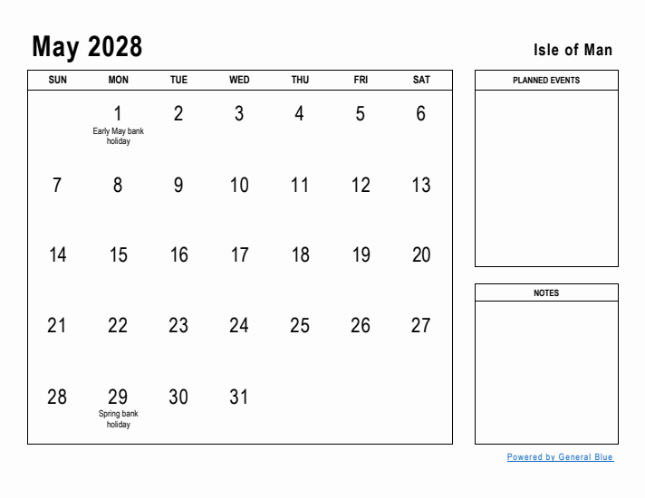 May 2028 Printable Monthly Calendar with Isle of Man Holidays