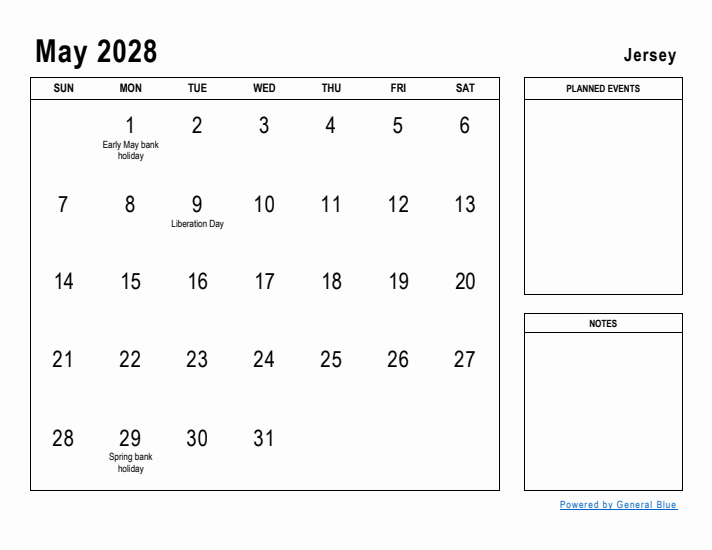 May 2028 Printable Monthly Calendar with Jersey Holidays