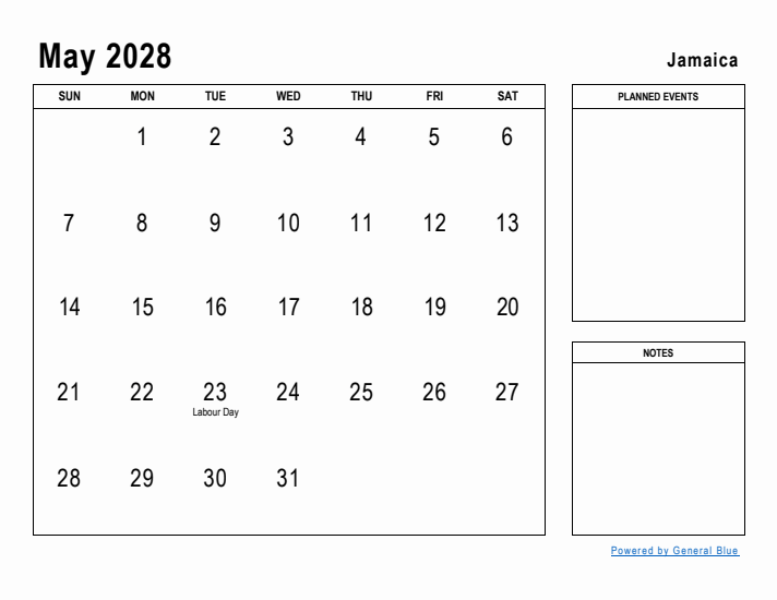 May 2028 Printable Monthly Calendar with Jamaica Holidays