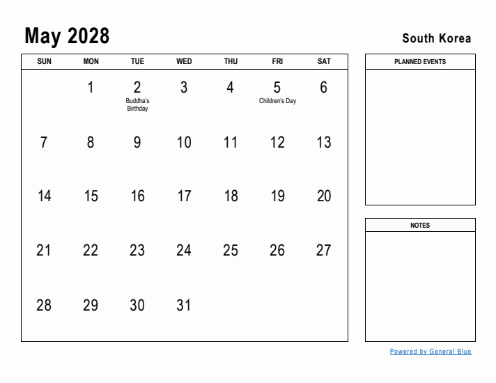 May 2028 Printable Monthly Calendar with South Korea Holidays