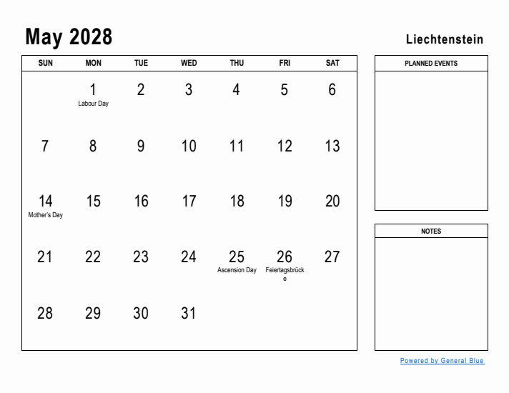 May 2028 Printable Monthly Calendar with Liechtenstein Holidays