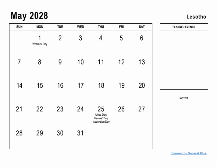 May 2028 Printable Monthly Calendar with Lesotho Holidays