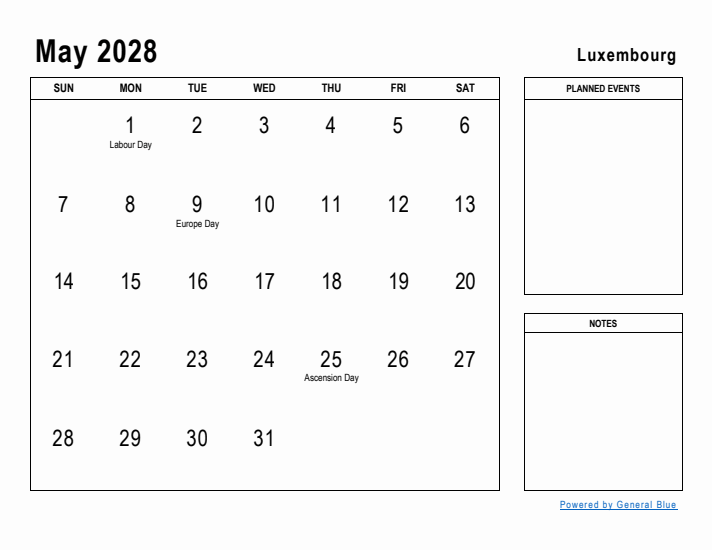 May 2028 Printable Monthly Calendar with Luxembourg Holidays