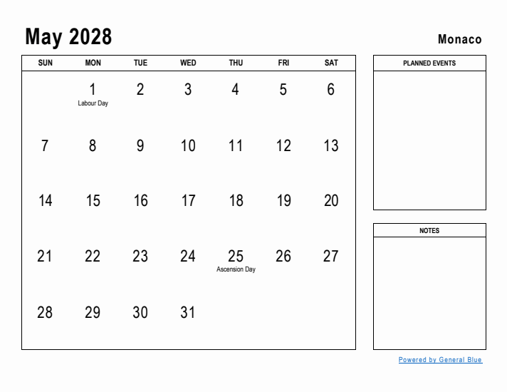 May 2028 Printable Monthly Calendar with Monaco Holidays