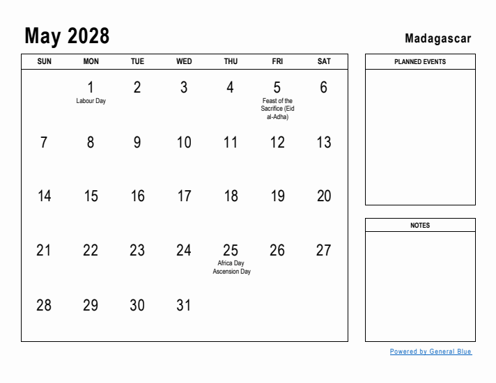 May 2028 Printable Monthly Calendar with Madagascar Holidays