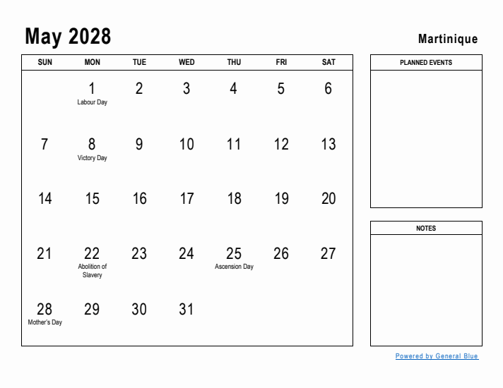 May 2028 Printable Monthly Calendar with Martinique Holidays