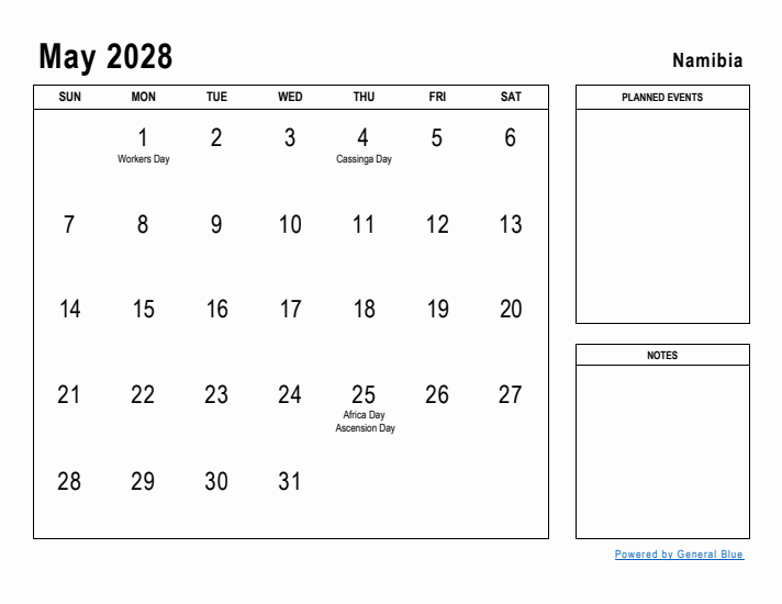 May 2028 Printable Monthly Calendar with Namibia Holidays