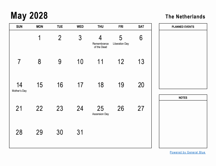 May 2028 Printable Monthly Calendar with The Netherlands Holidays