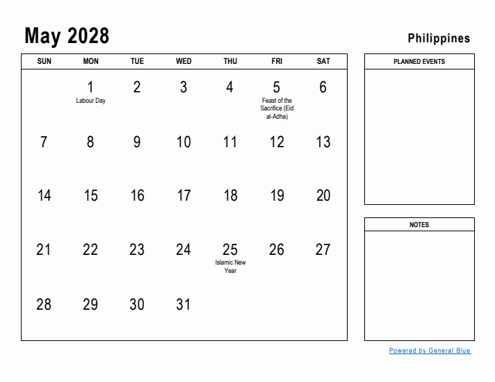 May 2028 Printable Monthly Calendar with Philippines Holidays