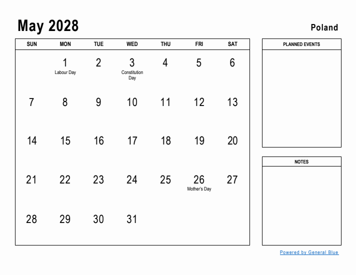 May 2028 Printable Monthly Calendar with Poland Holidays