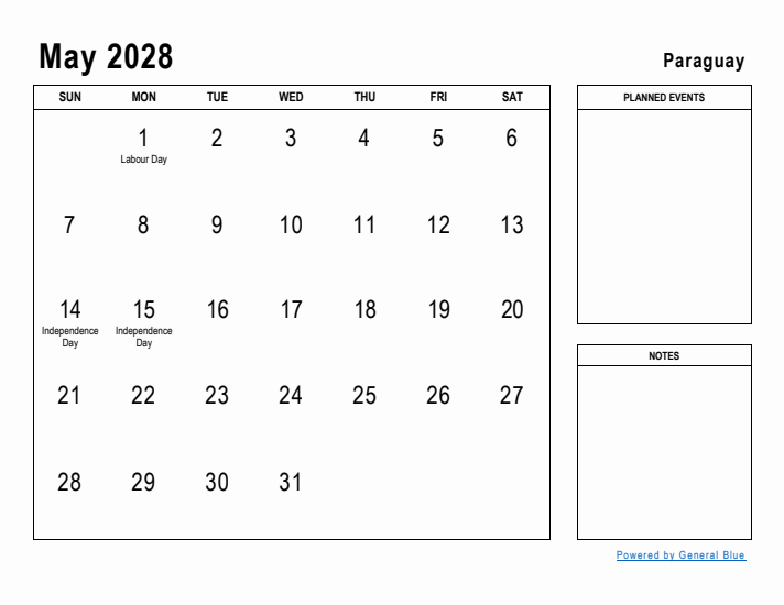 May 2028 Printable Monthly Calendar with Paraguay Holidays