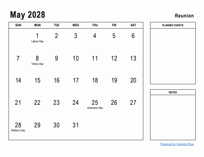 May 2028 Printable Monthly Calendar with Reunion Holidays