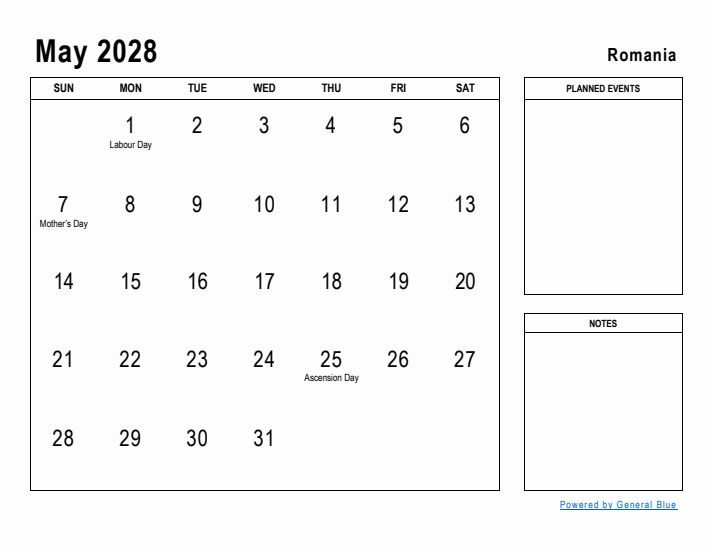 May 2028 Printable Monthly Calendar with Romania Holidays