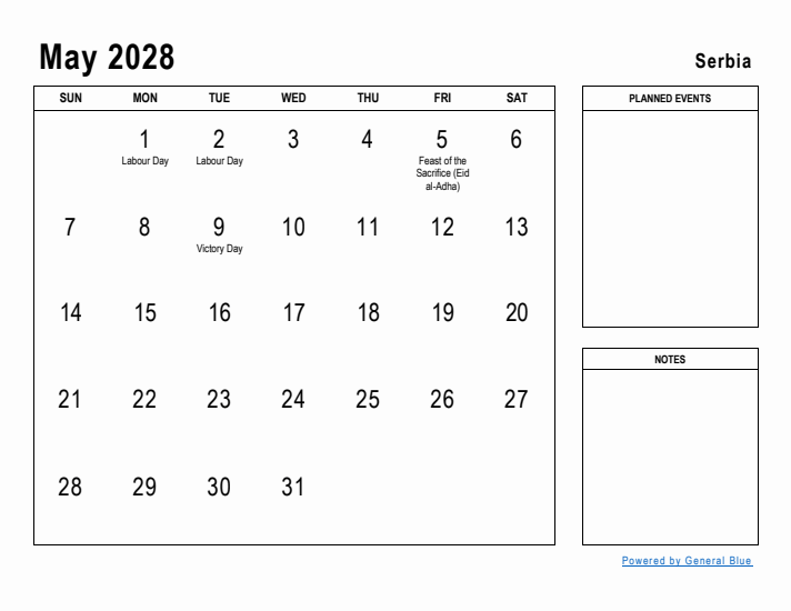 May 2028 Printable Monthly Calendar with Serbia Holidays