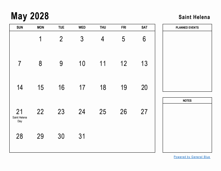 May 2028 Printable Monthly Calendar with Saint Helena Holidays