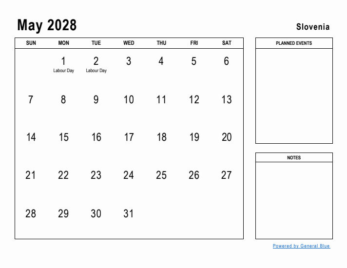 May 2028 Printable Monthly Calendar with Slovenia Holidays