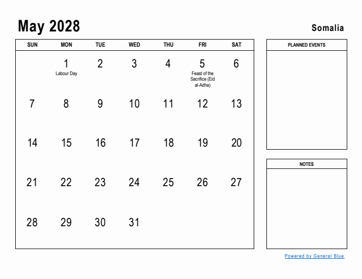 May 2028 Printable Monthly Calendar with Somalia Holidays