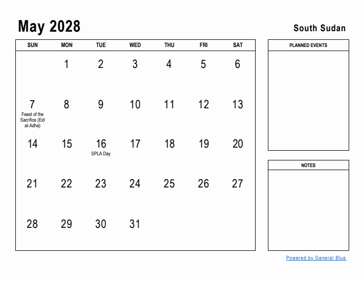 May 2028 Printable Monthly Calendar with South Sudan Holidays