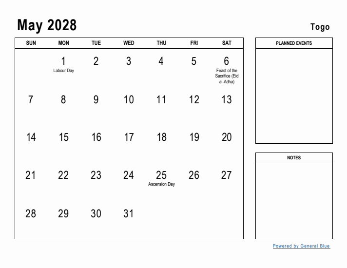 May 2028 Printable Monthly Calendar with Togo Holidays