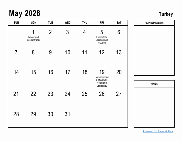 May 2028 Printable Monthly Calendar with Turkey Holidays