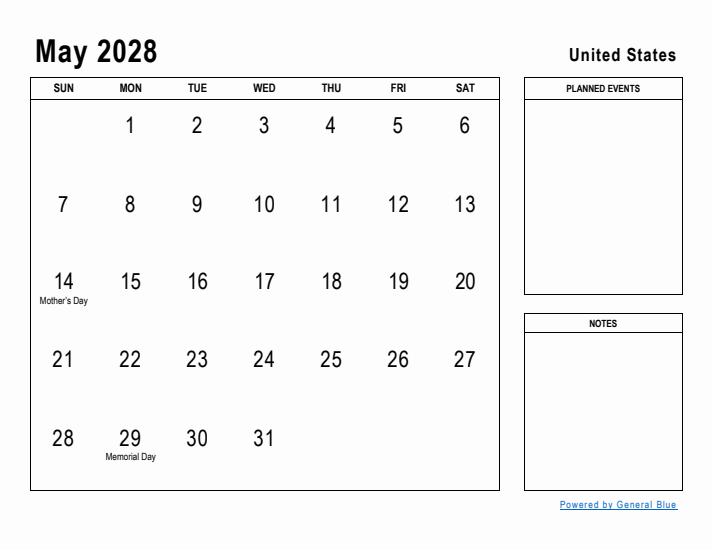 May 2028 Printable Monthly Calendar with United States Holidays