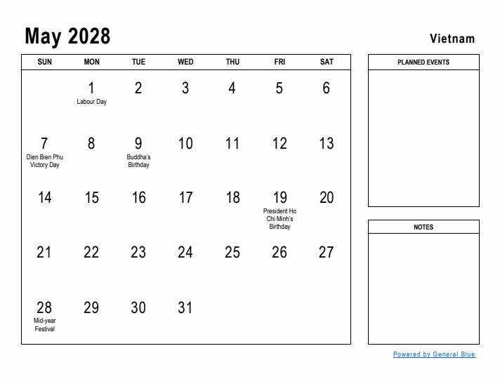 May 2028 Printable Monthly Calendar with Vietnam Holidays