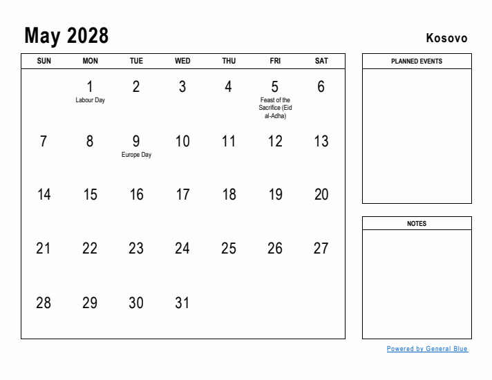 May 2028 Printable Monthly Calendar with Kosovo Holidays