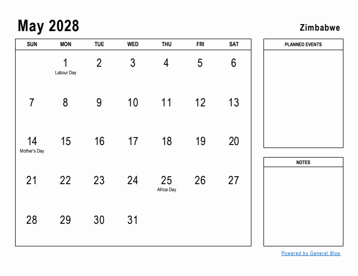 May 2028 Printable Monthly Calendar with Zimbabwe Holidays