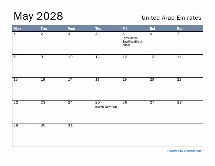 May 2028 Simple Monthly Calendar for United Arab Emirates