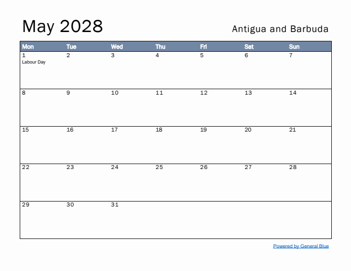 May 2028 Simple Monthly Calendar for Antigua and Barbuda