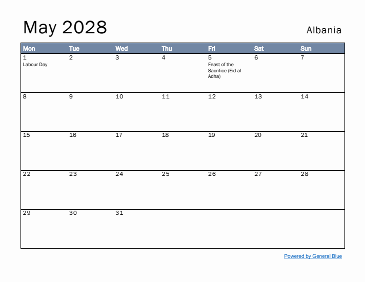 May 2028 Simple Monthly Calendar for Albania