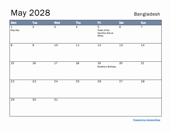 May 2028 Simple Monthly Calendar for Bangladesh