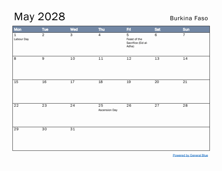 May 2028 Simple Monthly Calendar for Burkina Faso